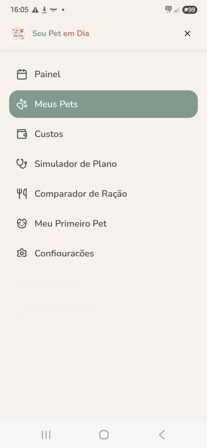 Menu do app com simuladores