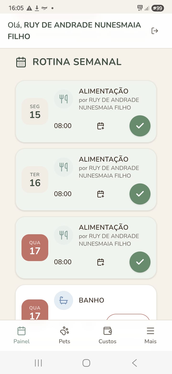 Tela do app mostrando rotina semanal do pet